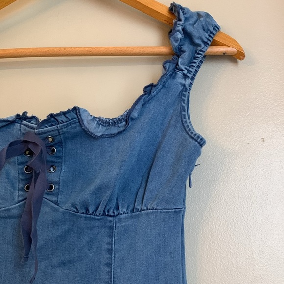 Urban Outfitters Nayda Denim jean Mini Dress Lace Up Sweetheart Neckline - Picture 3 of 11